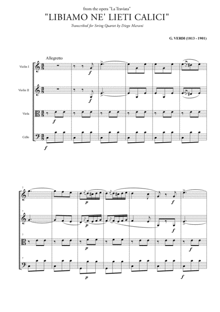 Libiamo Ne Lieti Calici Brindisi For String Quartet Sheet Music