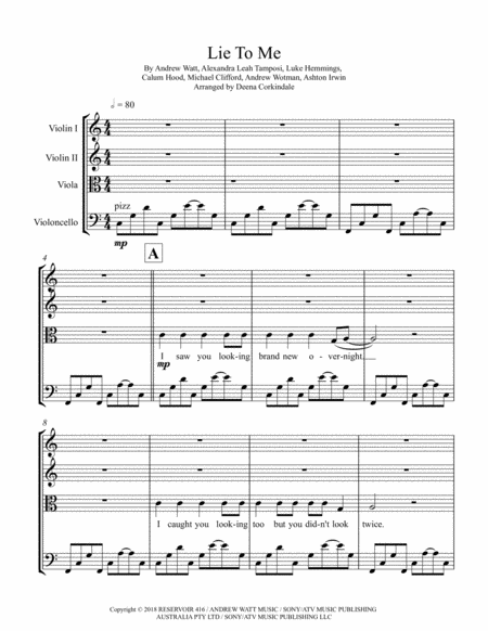 Lie To Me By 5 Seconds Of Summer For String Quartet Sheet Music