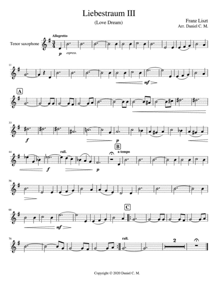 Free Sheet Music Liebestraum For Tenor Saxophone And Piano Easy