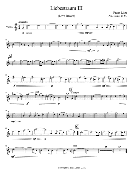 Free Sheet Music Liebestraum For Violin And Piano Simplified