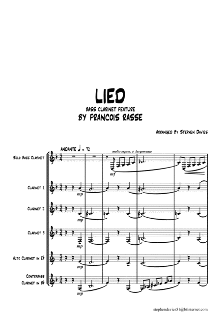 Free Sheet Music Lied Song By Francois Rasse For Solo Bass Clarinet 3 Bb Clarinets Alto Clarinet Contra Bass Clarinet