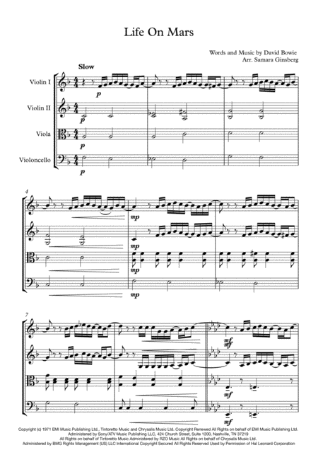 Life On Mars David Bowie For String Quartet Sheet Music