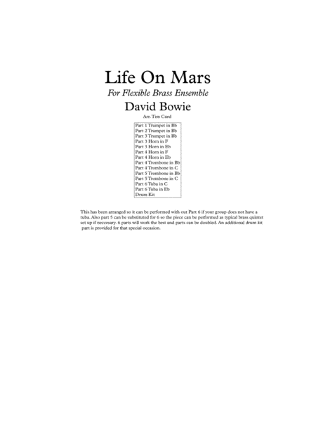 Life On Mars For Flexible Brass Ensemble 6 Parts Or Quintet Sheet Music