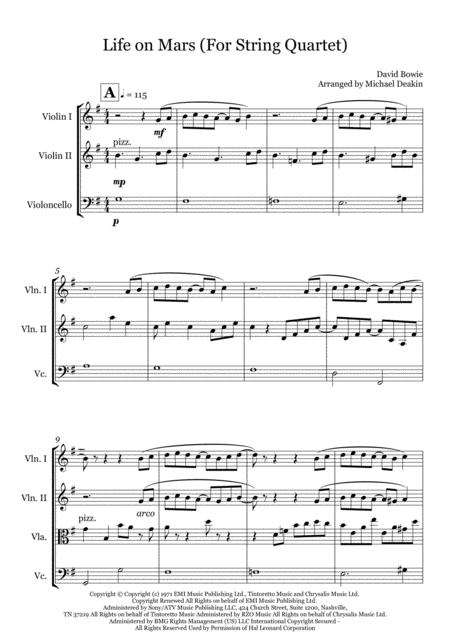 Free Sheet Music Life On Mars For String Quartet