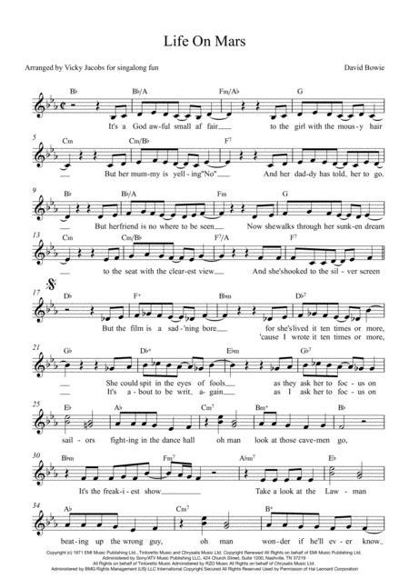 Free Sheet Music Life On Mars Leadsheet For Singalongs