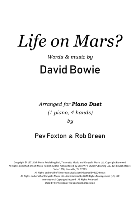 Free Sheet Music Life On Mars Piano Duet 4 Hands 1 Piano