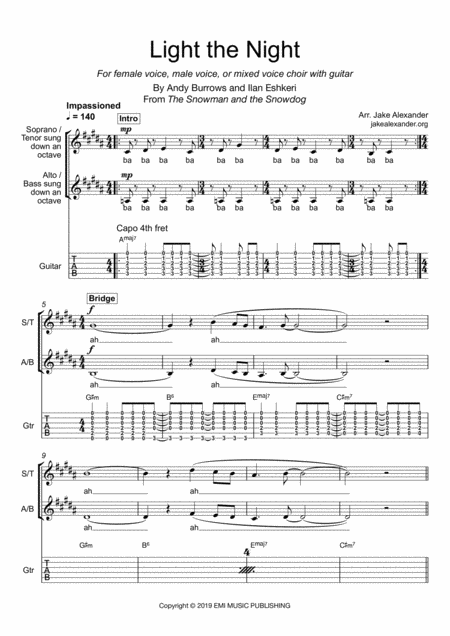 Free Sheet Music Light The Night Choir In 2 Parts With Guitar