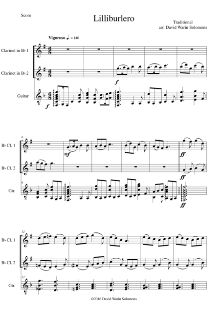 Free Sheet Music Lilliburlero For 2 Clarinets And Guitar