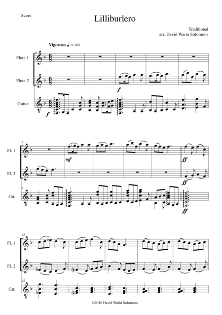 Lilliburlero For 2 Flutes And Guitar Sheet Music