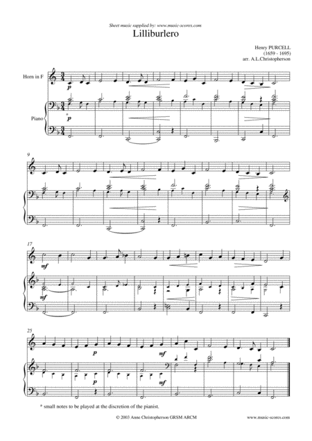 Free Sheet Music Lilliburlero French Horn And Piano