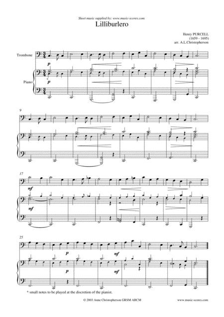 Free Sheet Music Lilliburlero Trombone And Piano