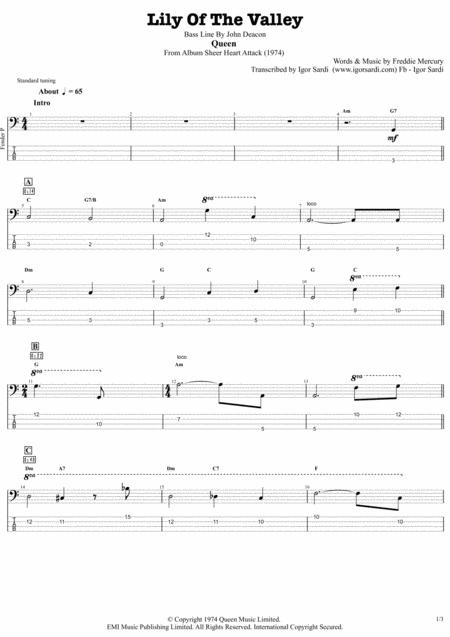 Lily Of The Valley Queen John Deacon Complete And Accurate Bass Transcription Whit Tab Sheet Music