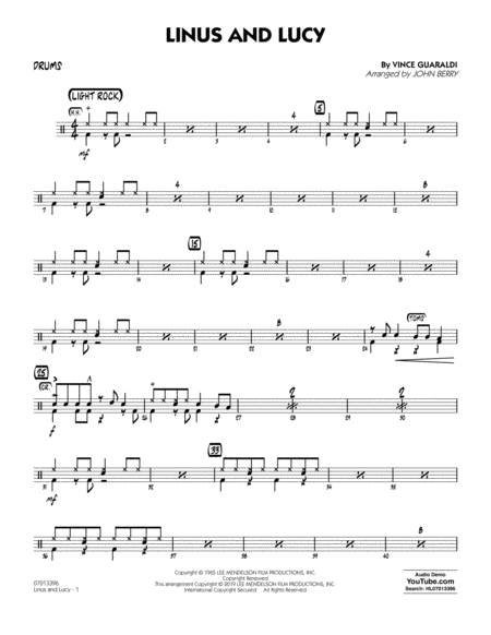 Linus And Lucy Arr John Berry Drums Sheet Music