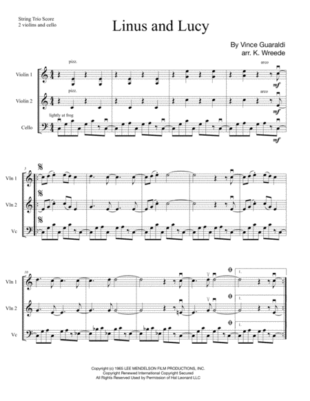 Linus And Lucy For 2 Violins And Cello Sheet Music