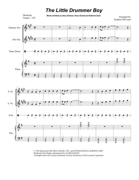 Little Drummer Boy For Saxophone Quartet And Piano Sheet Music