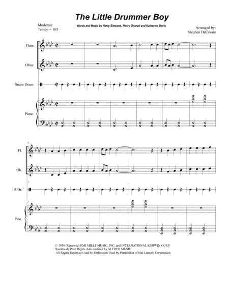 Little Drummer Boy For Woodwind Quartet And Piano Sheet Music