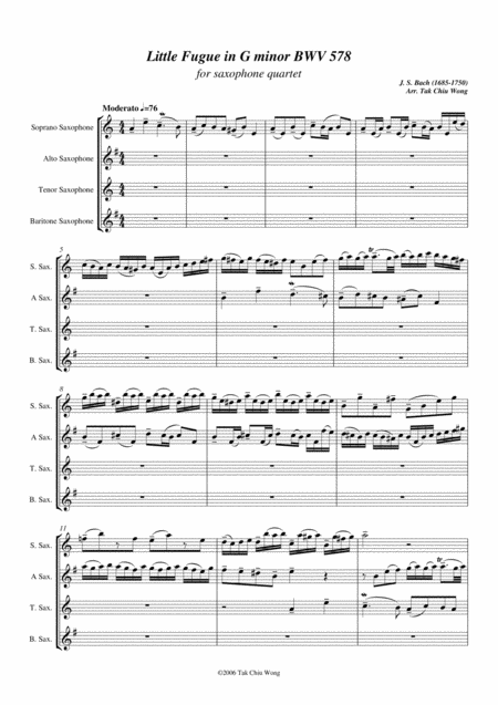 Little Fugue In G Minor Arranged For Saxophone Quartet Sheet Music