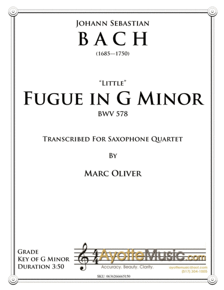 Little Fugue In G Minor Transcribed For Saxophone Quartet Sheet Music