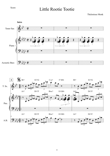 Little Rootie Tootiet Monk Score And Individual Parts Tenor Sax Piano Bass Sheet Music