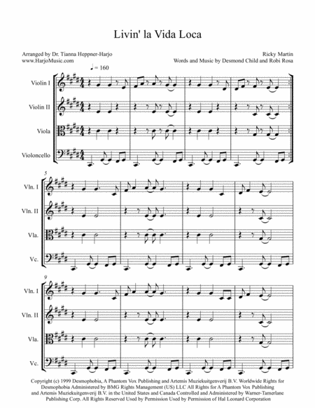 Livin La Vida Loca String Quartet Sheet Music