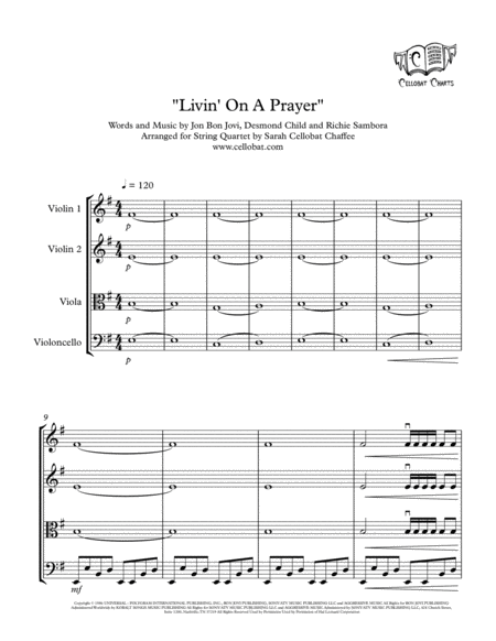 Livin On A Prayer String Quartet Bon Jovi Arr Cellobat Sheet Music