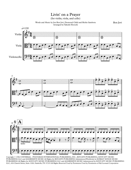 Free Sheet Music Livin On A Prayer String Trio