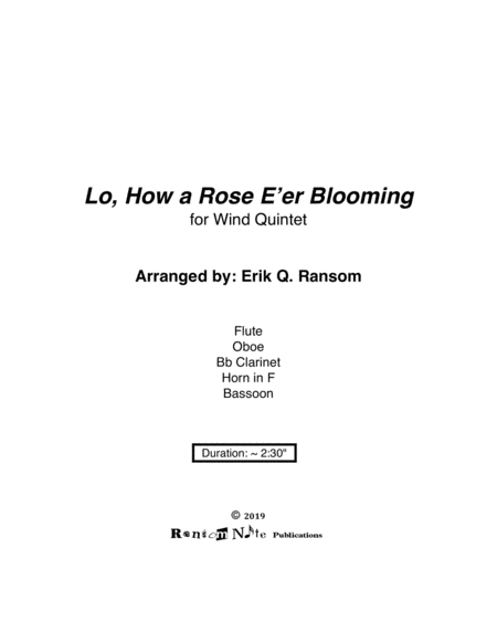 Free Sheet Music Lo How A Rose E Er Blooming For Wind Quintet