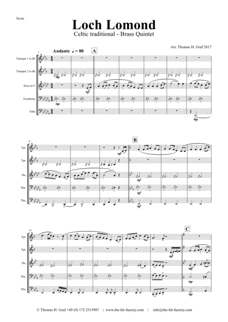 Loch Lomond Celtic Traditional Brass Quintet Sheet Music