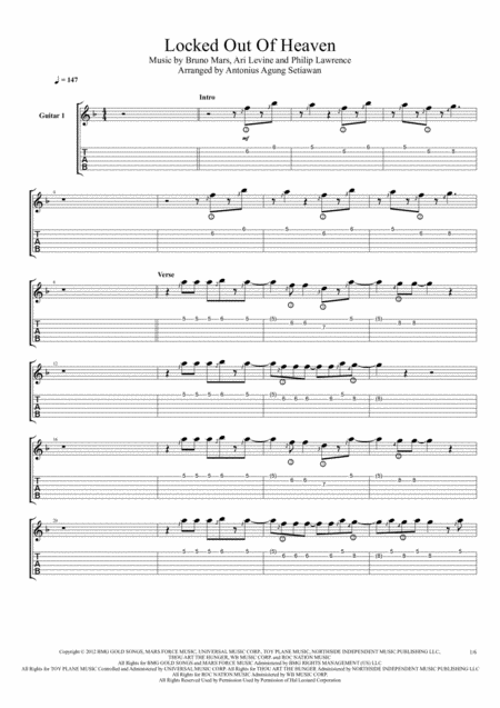 Free Sheet Music Locked Out Of Heaven Fingerstyle Guitar Quartet