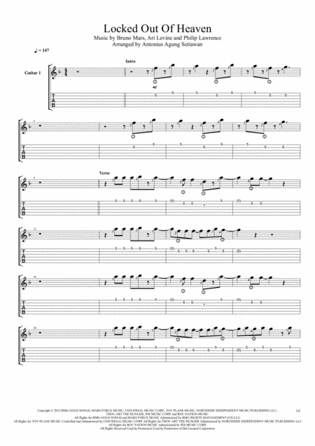 Locked Out Of Heaven Fingerstyle Guitar Quartet Sheet Music