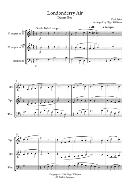 Free Sheet Music Londonderry Air For Brass Trio