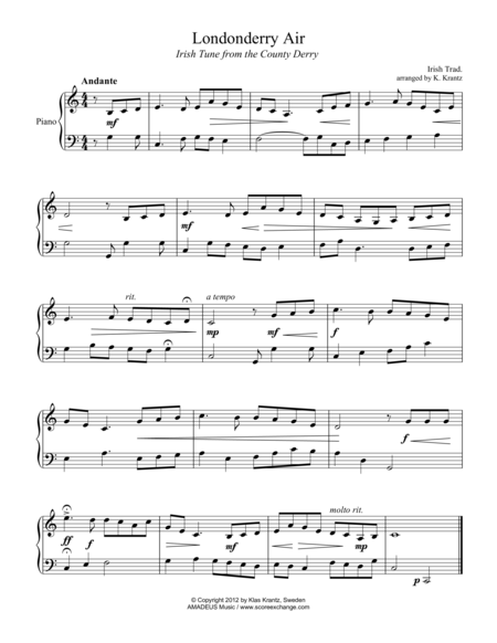 Londonderry Air For Easy Piano Solo Sheet Music