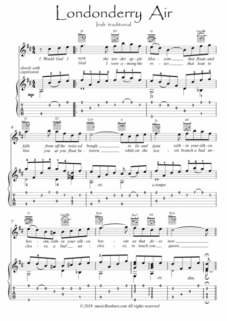 Free Sheet Music Londonderry Air Guitar Fingerstyle