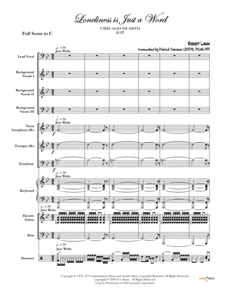 Loneliness Is Just A Word Chicago Full Score Set Of Parts Sheet Music