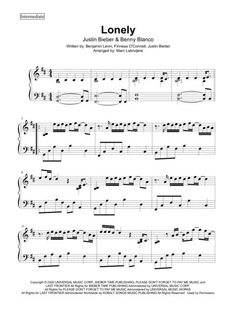 Lonely Justin Bieber Intermediate Piano Sheet Music