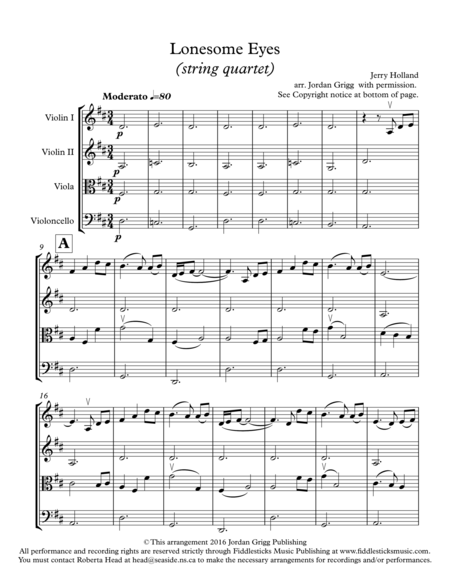 Lonesome Eyes String Quartet Sheet Music