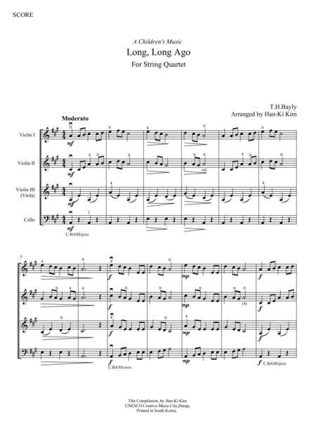 Free Sheet Music Long Long Ago For String Quartet