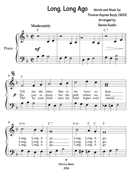 Free Sheet Music Long Long Ago Piano Solo With Lyrics Early Intermediate