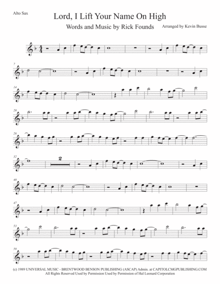 Lord I Lift Your Name On High Alto Sax Original Key Sheet Music