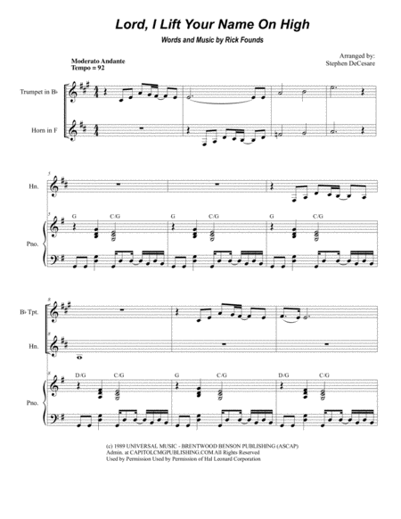 Free Sheet Music Lord I Lift Your Name On High Duet For Bb Trumpet And French Horn