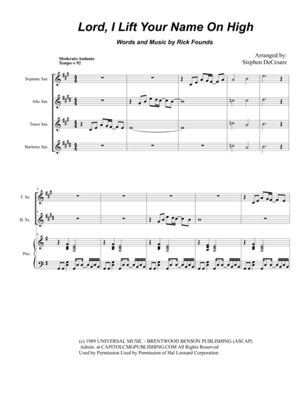 Lord I Lift Your Name On High For Saxophone Quartet Sheet Music