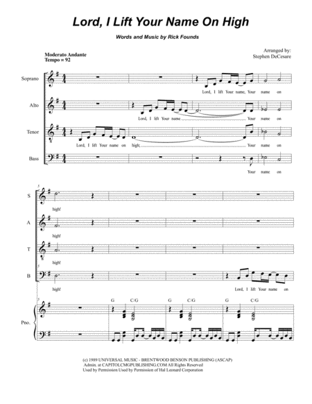 Lord I Lift Your Name On High For Vocal Quartet Satb Sheet Music