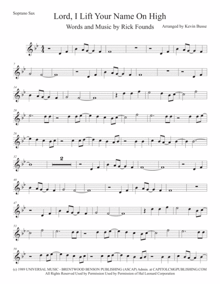 Lord I Lift Your Name On High Soprano Sax Original Key Sheet Music