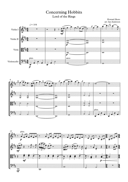 Free Sheet Music Lord Of The Rings Concerning Hobbits String Quartet