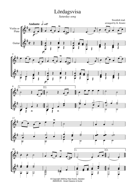 Free Sheet Music Lordagsvisa Saturday Song For Violin Or Flute And Guitar