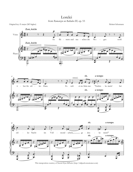 Lorelei From Romanzen Und Balladen Iii Op 53 Low Voice Transposition In C Major Sheet Music