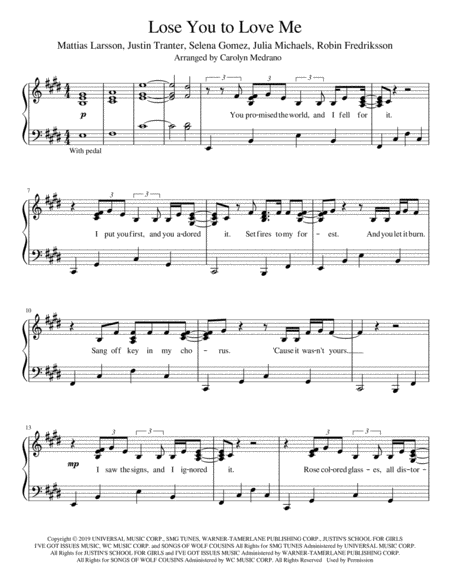 Lose You To Love Me Advanced Intermediate Piano Sheet Music