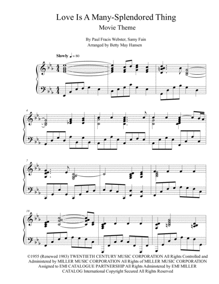 Love Is A Many Splendored Thing Movie Theme Sheet Music