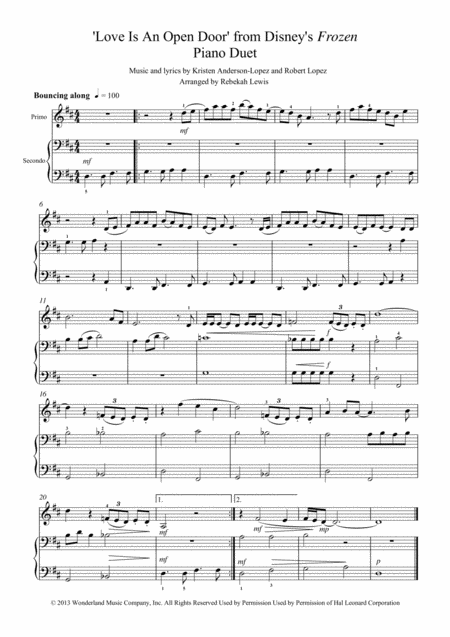 Love Is An Open Door Easy Piano Duet Sheet Music