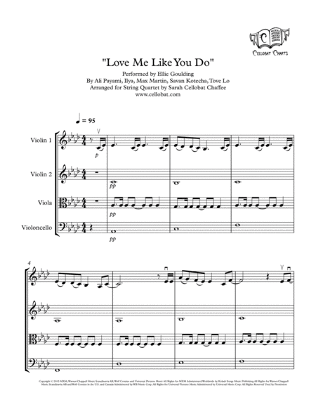 Love Me Like You Do String Quartet Ellie Goulding Arr Cellobat Sheet Music